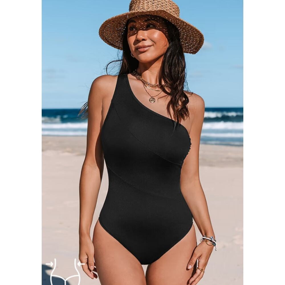 Reverie Land One Shoulder Slim & Sculpt One Piece Swimsuit Black NWT Size M